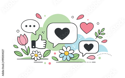 Social media spring visuals engagement. Floating like, comment, and heart icons mixed with spring flowers and abstract shapes, suggesting