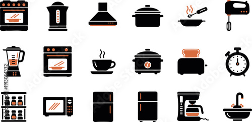 A collection of kitchen appliance icons on a white background
