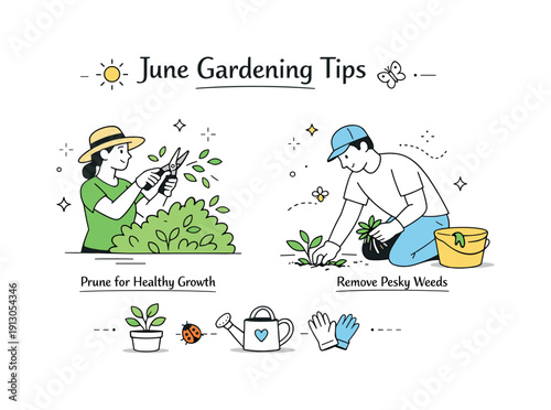 June gardening tips. An editorial-style composition of pruning and removing weeds to support healthy plant growth. Calm maintenance workflow