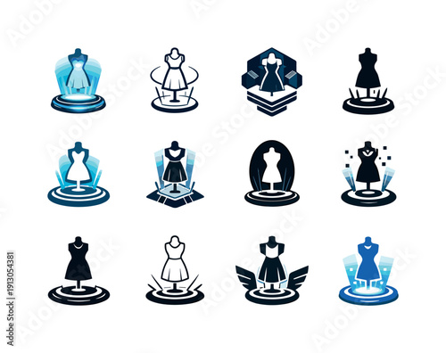    Virtual fashion shows in the metaverse. Icon set. Set Logo of Virtual fashion shows in the metaverse: digital clothing hologram. harmonious