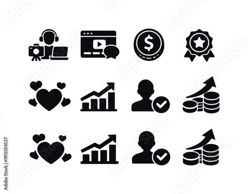   Creator Economy. Filled icon set of Creator Economy: content creator, digital platform,