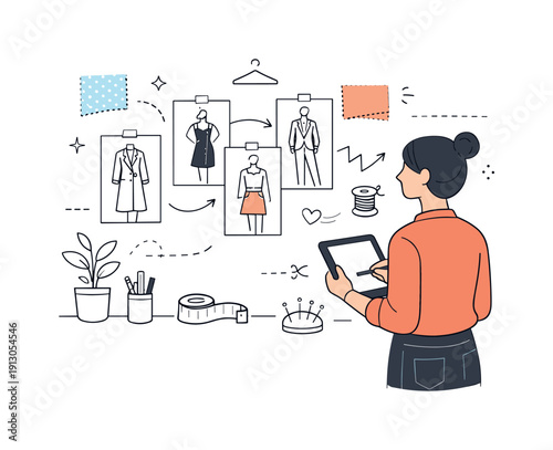 Fashion Design Workspace. Design studio workspace. Designer reviewing fashion sketches pinned on a wall while holding a tablet. Thoughtful editorial mood with