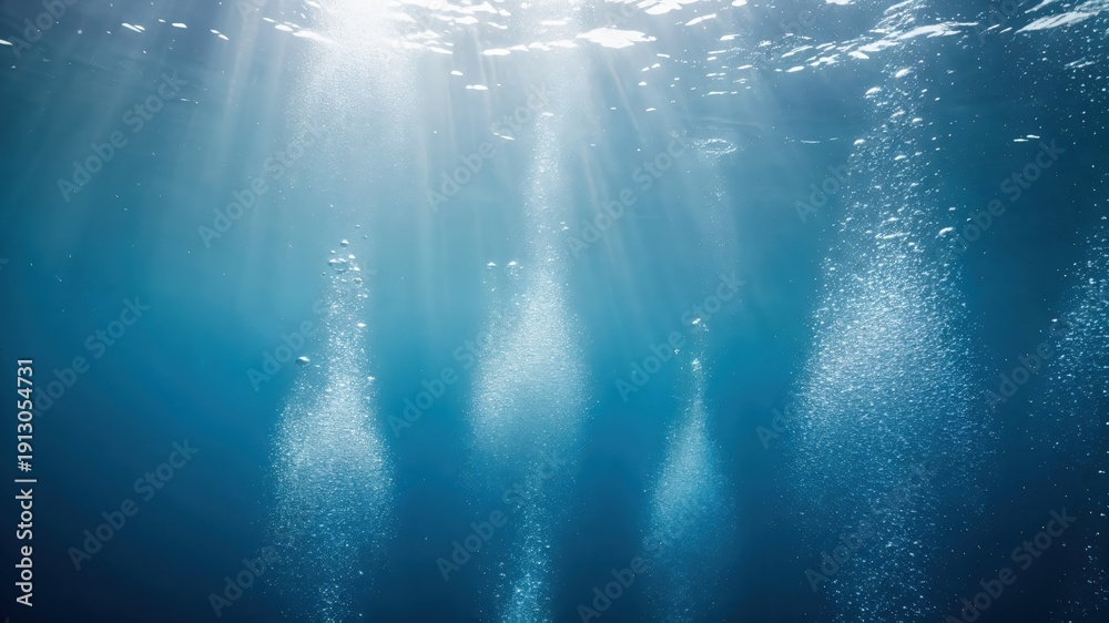 Fototapeta premium Underwater Air Bubbles Rising to Surface with Sunbeams, Deep Blue Ocean Scuba Diving Background