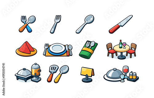 Restaurant tableware. Colorful isometric vector icons set of Restaurant tableware: fork and spoon set, fine dining fork, soup spoon, table