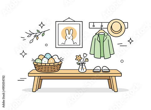   Minimal Easter entryway. A clean interior space with soft morning light, a wooden bench, a basket of eggs, and light spring decor, abstract