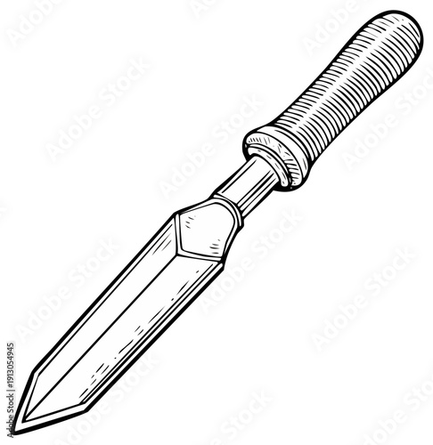 Hand Drawn Illustration of a Sharp Dagger Blade with a Textured Handle Isolated on White