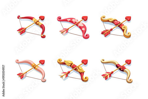 Romantic Bow Icons. Romantic bow. Isometric flat vector icons set of romantic bow: elegant cupid bow, heart-accent bow, decorative love bow, smooth curved bow,