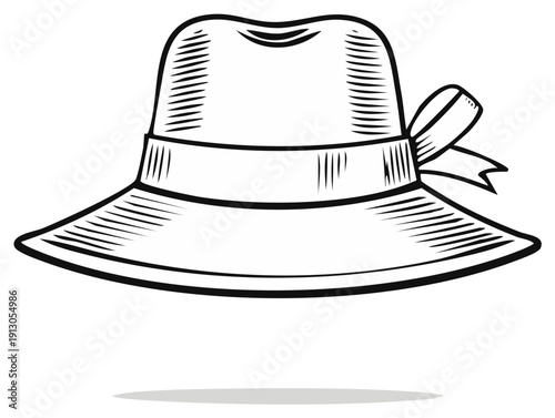Elegant Women's Sun Hat Illustration with Ribbon Tie and Wide Brim in Vintage Engraving Style