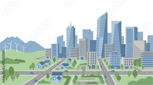 Modern Sustainable City Skyline Vector Illustration with Wind Turbines and Green Spaces