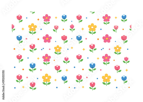   Spring floral pattern built around small stylized blossoms and buds evenly spaced to form a clean and modern surface design. The illustration