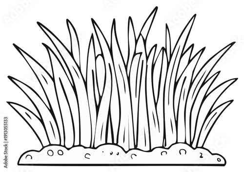 Black and white illustration of grass blades and soil, line art nature