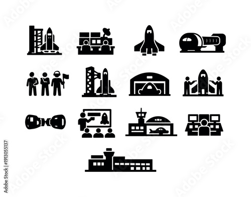 Spaceport and infrastructure. Solid icon set of spaceport and infrastructure: space launch pad, mission control, passenger spacecraft,