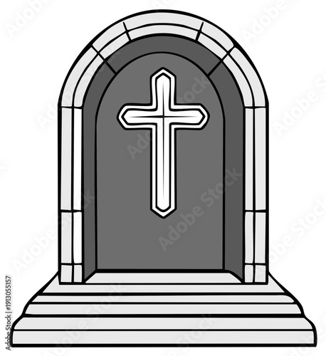 Cartoon drawing of religious stone structure with cross symbol inside