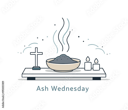    Ash Wednesday. A simple altar with a bowl of ashes and soft lines rising above, representing quiet ritual and renewal. The mood is