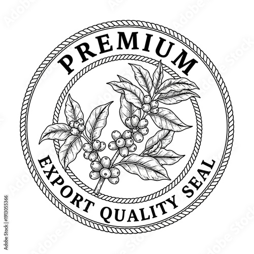 Vintage black and white coffee export quality seal with leaves and berries.