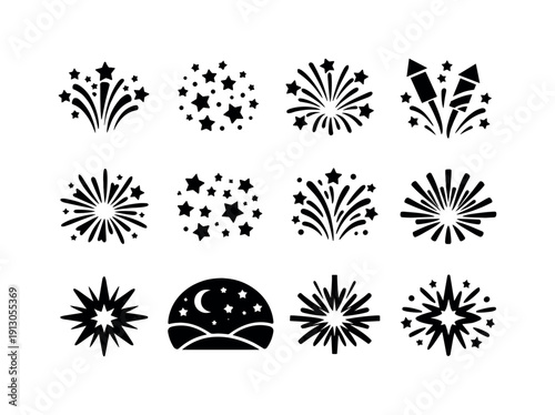    Festival Night. Solid icon set of Festival Night: night fireworks, glowing sparks, celebration burst, festive explosion, sky sparkles, party
