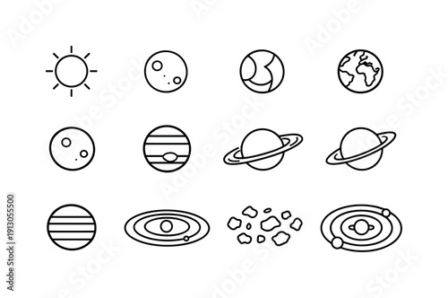    Solar System View. Line icon set of Solar System View: sun, mercury, venus, earth, mars, jupiter, saturn, uranus, neptune, planet orbit