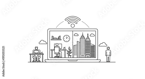 Modern office workers connected through technology in smart city environment
