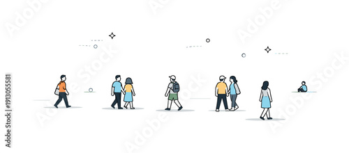 People seen from distance. Small human figures walk across a wide open space, their details simplified and quiet. The scene emphasizes scale,