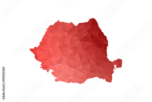 Romania Map - Polygon Style Vector Illustration in Red Gradient, Low Poly Geometric Design, Isolated on White Background, Perfect for Infographics, Reports, and Educational Materials.