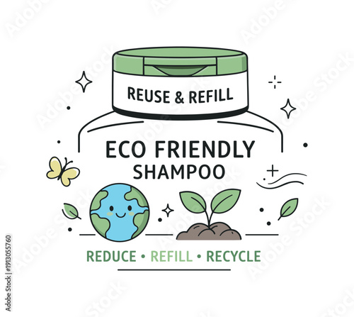 Eco-friendly shampoo packaging. Reusable bottle cap with sustainable design message, calm responsible mood. Leaf icons and minimal decorative