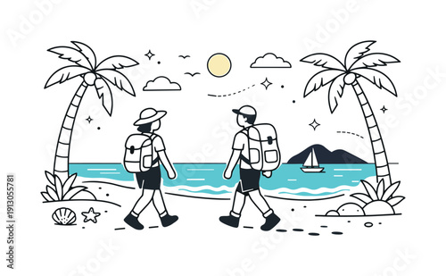 Tropical Beach Journey. Tropical seaside arrival. Travelers walking along the beach with backpacks, turquoise water and palm trees framing the scene. Sense of