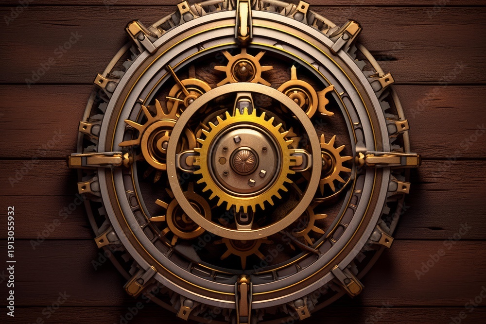 Obraz premium Steampunk style clockwork mechanism featuring rotating golden gears and cogs mounted on a wooden background