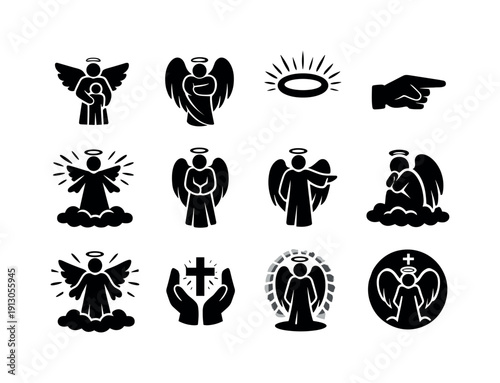 Guardian angel. Solid icon set of guardian angel: angel protector, shielding wings, halo glow, guiding hand, watchful figure, light aura,