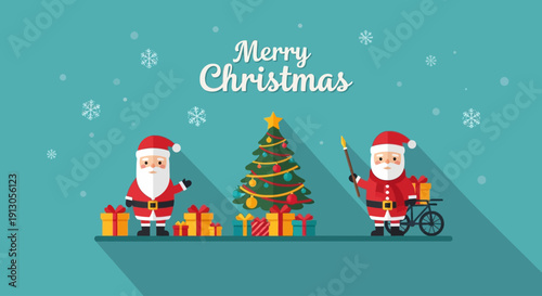 Flat design illustration of two Santa Clauses, a decorated Christmas tree, and wrapped gifts with falling snowflakes and 'Merry Christmas' text on a teal background.