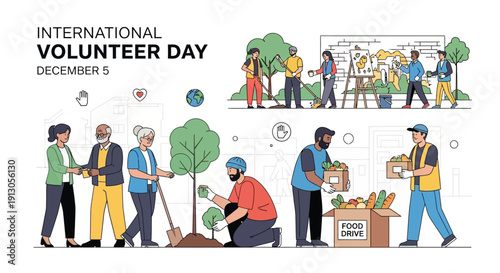 Illustration of International Volunteer Day showing people engaging in various community service activities like tree planting, food donation, and helping others.