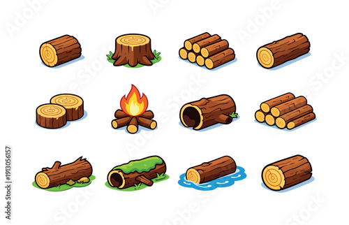    Log. Colorful isometric vector icons set of Log: chopped log piece, tree stump, stacked firewood, wooden log with bark, log ends showing