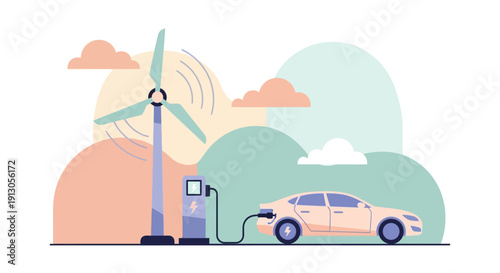 Electric Car Charging at Wind Turbine Station.