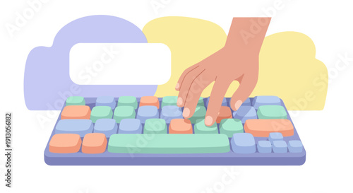 Hand Typing on Colorful Keyboard Illustration.
