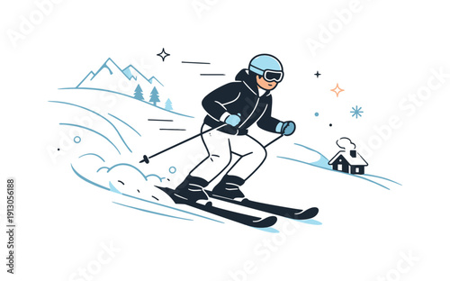 Skiing on mountain slopes. Skier gliding smoothly down a snowy hill, sense of freedom and calm winter motion. Snow trails and light motion