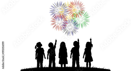 Silhouetted Children Watching Colorful Fireworks Display.