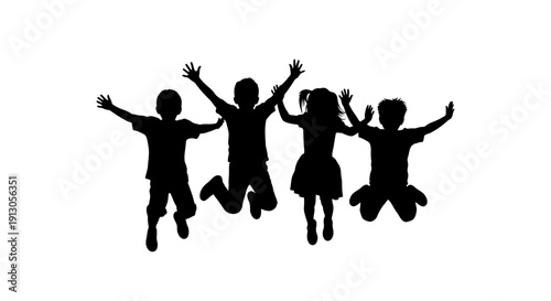 Silhouettes of Children Jumping in Air.