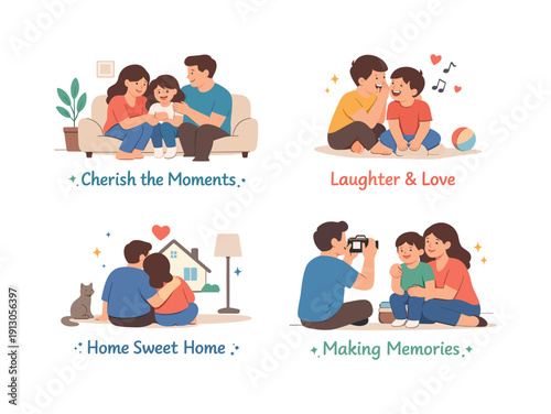    Family typography overlay set. Cozy home interior with family members interacting, paired with short positive phrases in rounded sans-serif