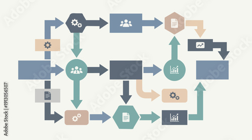 corporate workflow process diagram, step by step geometric blocks connected with arrows