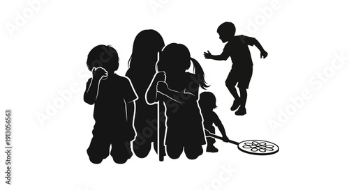 Silhouettes of Children Playing Together.