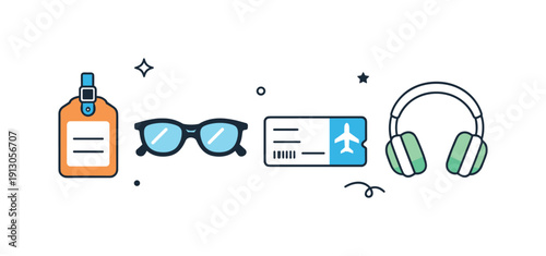 Travel Essentials Flat Lay. Travel essentials flat lay. Clean composition of suitcase tag, sunglasses, ticket, and headphones arranged with balanced spacing.
