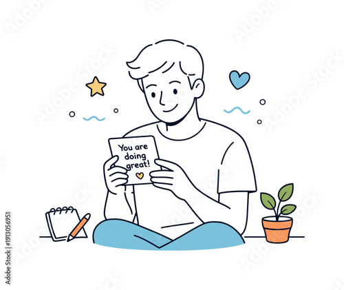 Positive Affirmation Moment. Affirmation moment. A person reading a positive note on a phone or card, relaxed posture and gentle smile. Self-confidence,