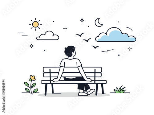 Mindful outdoor pause. Person sitting on a bench, observing clouds and birds with relaxed posture, calm and present atmosphere. Visual story