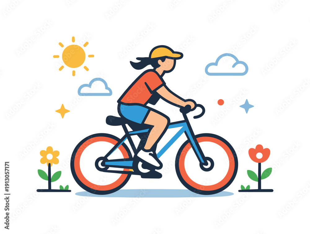 Fototapeta premium Outdoor spring activities a person riding a bicycle under a clear sky with simple clouds and flowers, expressing freedom, movement, and joy