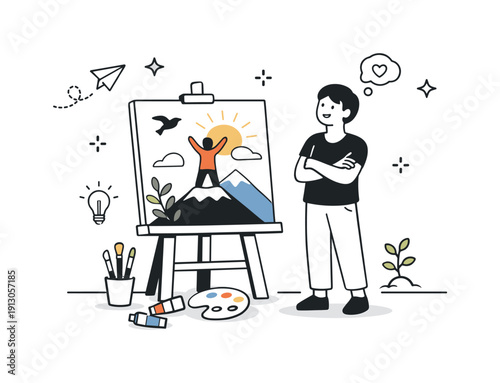 Personal growth through artistic expression. A person standing back and smiling at their finished artwork. The mood is warm, empowering, and