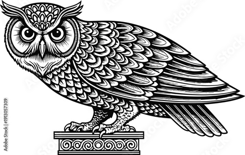 Vector illustration of owl perched on ornate pedestal symbolizing wisdom, mystery, wildlife, culture, education, and decorative design