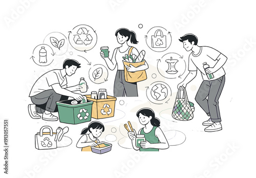   Future of sustainable living illustration: zero-waste lifestyle. Characters sorting