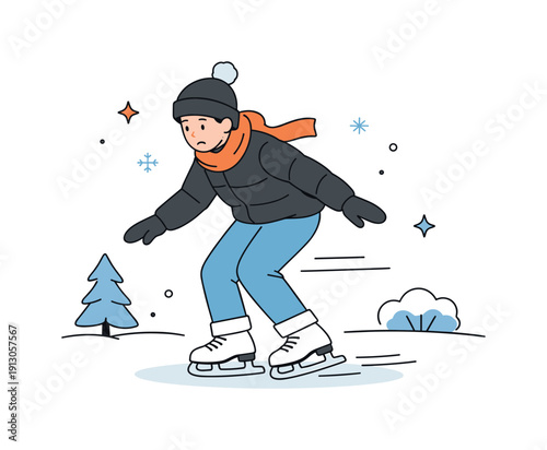    Learning to ice skate. A person skating carefully with slightly bent knees, focused expression and steady movement. Gentle motion lines and