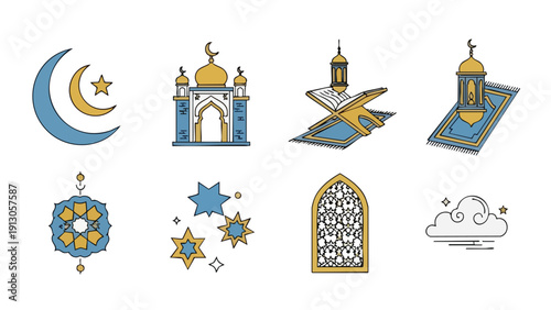 Flat lay of various Islamic Ramadan icons and symbols on a white background with gold, blue, and white colors.