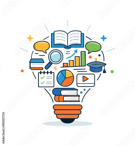 Groundbreaking work in education and pedagogy symbolized by a lightbulb built from simple academic icons such as books, dialogue bubbles and