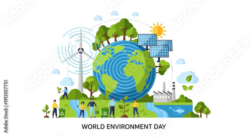 World Environment Day illustration showing a vibrant globe surrounded by sustainable energy sources, people engaging in eco-friendly activities, and natural elements.